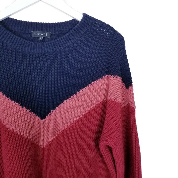 1.STATE Chevron Crewneck Sweater Berry Pink Navy 100% Cotton - Small - Picture 5 of 12